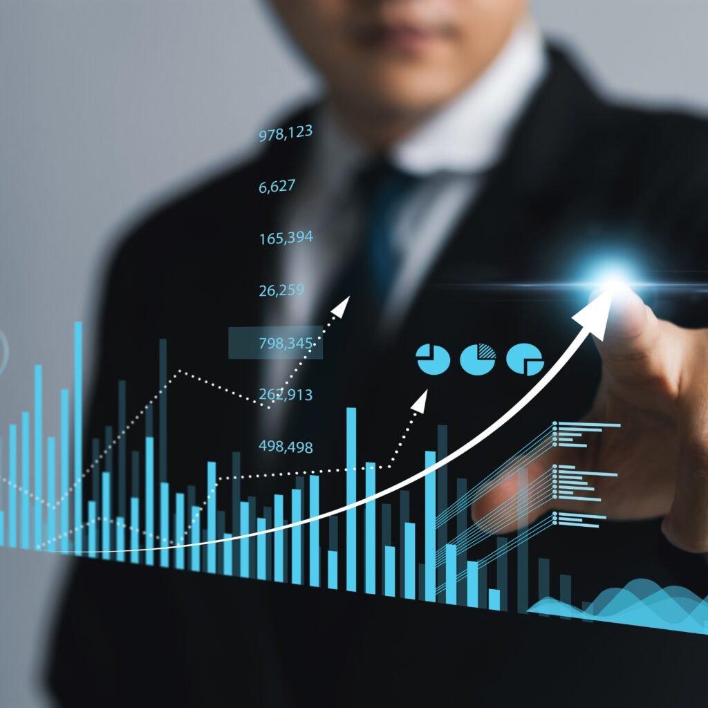 Businessman touching virtual screen Graph analysis of business growth and investment, strategic planning to increase sales profits, long-term business plan.