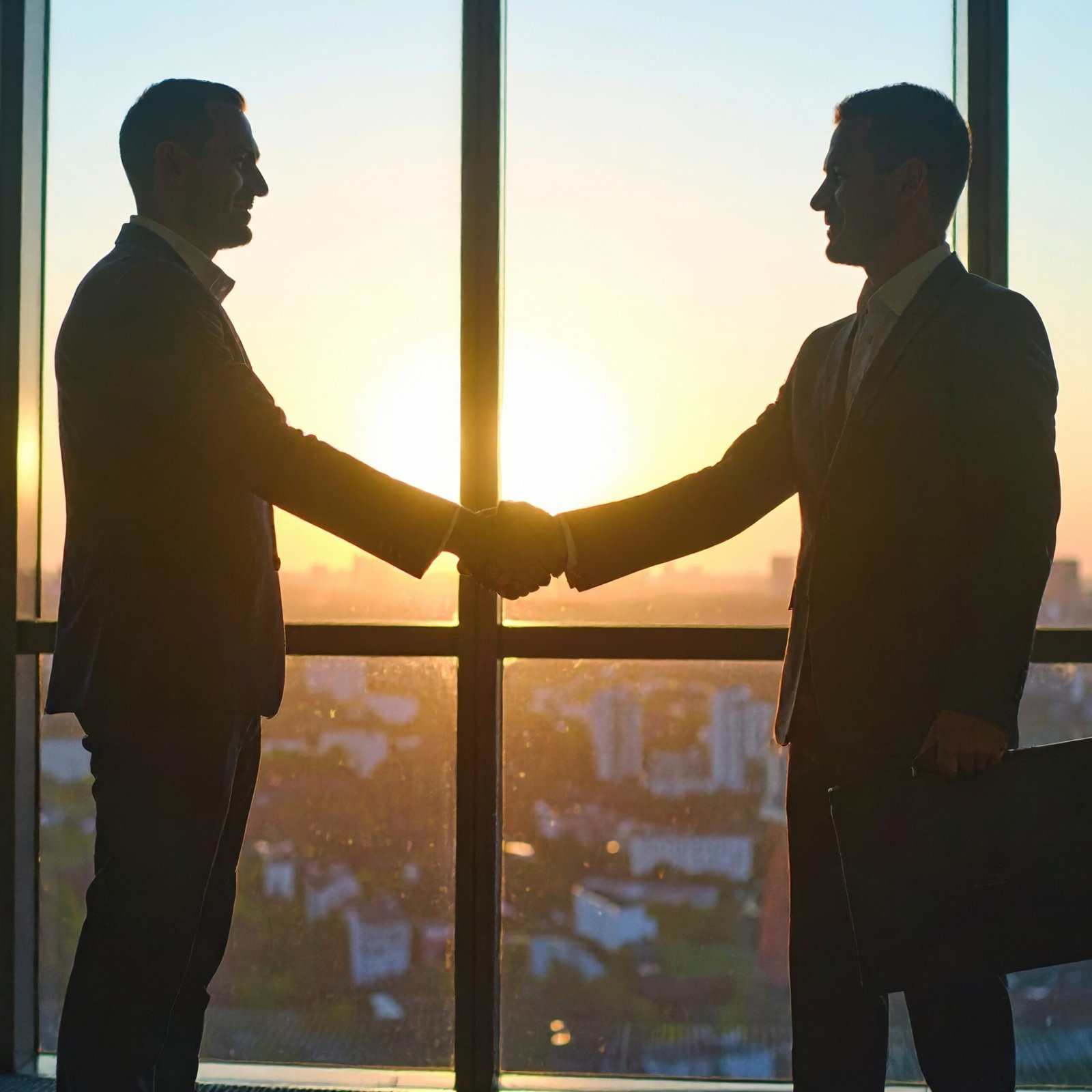 In breathtaking silhouette shot, two business partners shake hands against stunning sunset backdrop, symbolizing collaboration and success