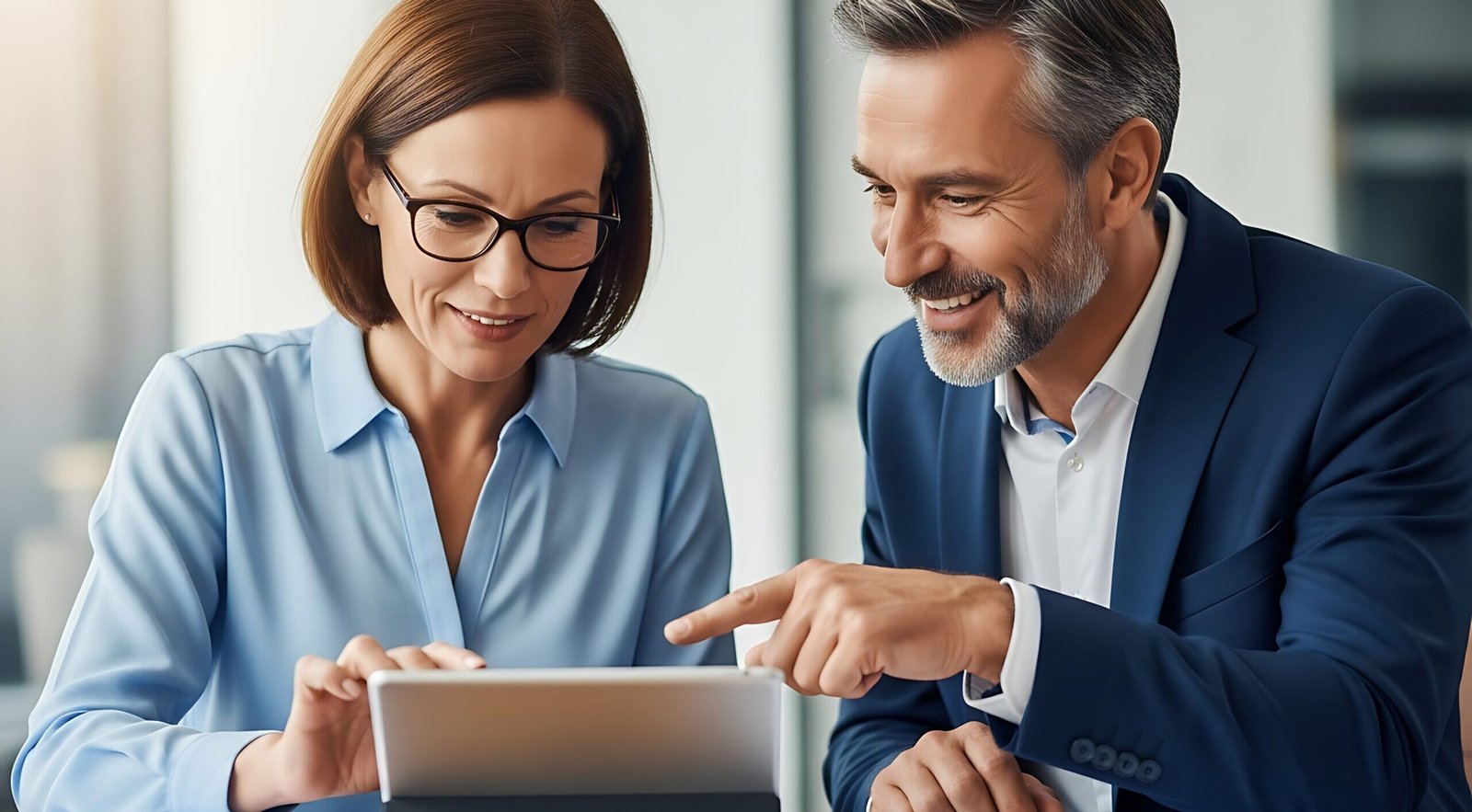 Two professionals looking at a tablet